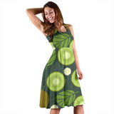 Whole Sliced Kiwi Leave And Flower Sleeveless Midi Dress