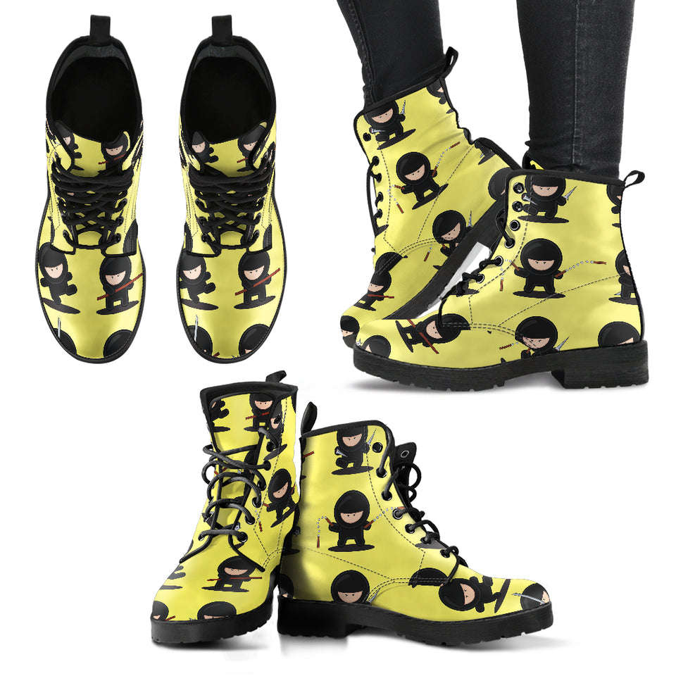 Cute Ninja Yellow Background Leather Boots