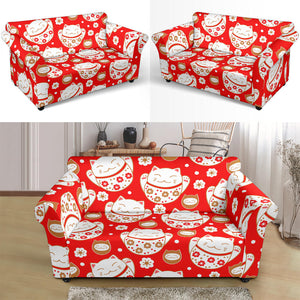 Cute Maneki Neko Lucky Cat Red Background Loveseat Couch Slipcover