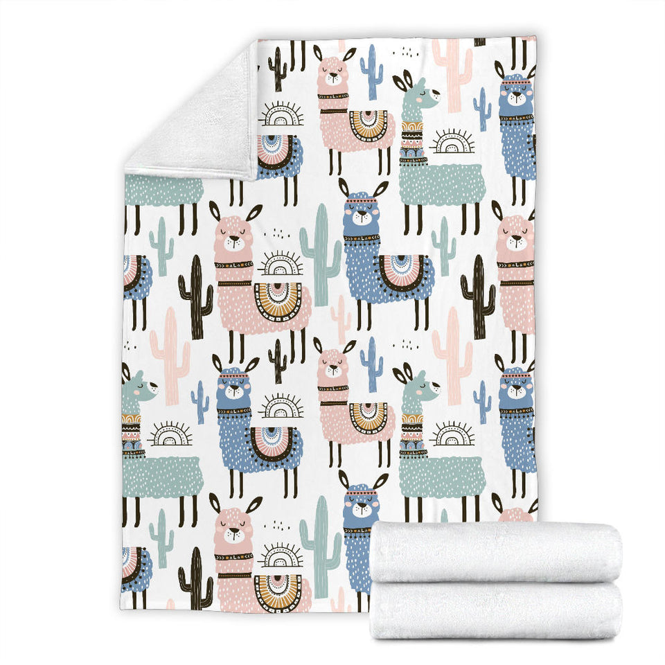 Lama Alpaca Cactus Hand Drawn Pattern Premium Blanket