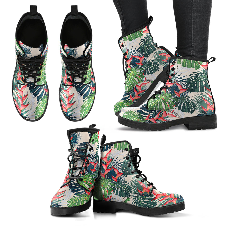 Heliconia Flowers, Palm And Monstera Leaves Leather Boots