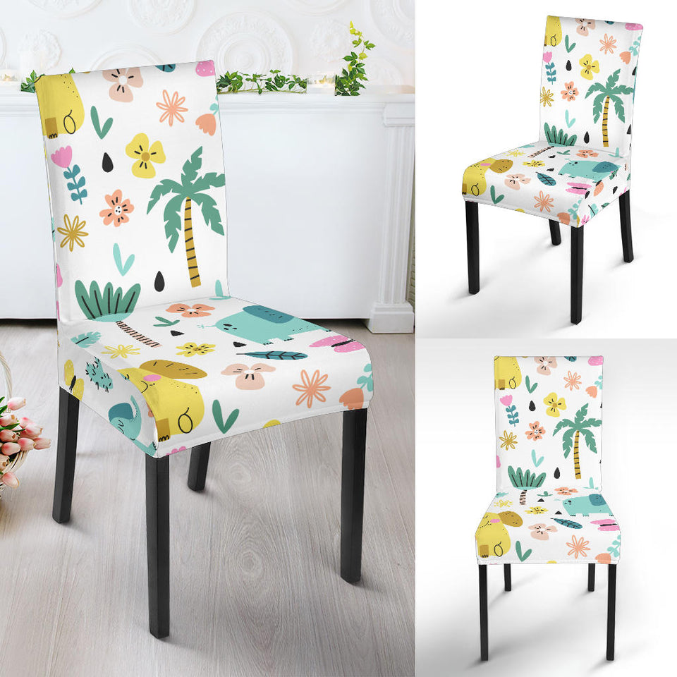 Cute Elephants Palm Tree Flower Butterfly Pattern Dining Chair Slipcover
