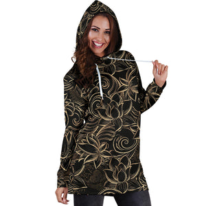 Luxurious Gold Lotus Waterlily Black Background Women'S Hoodie Dress