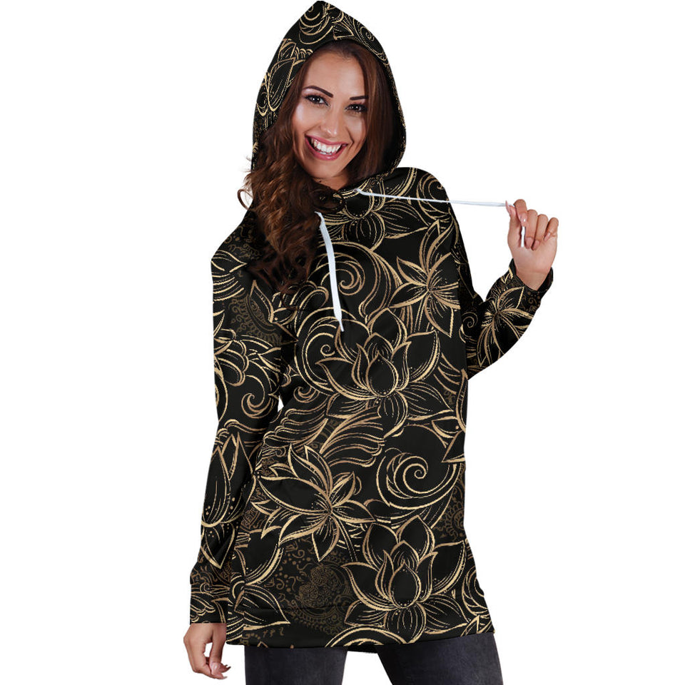 Luxurious Gold Lotus Waterlily Black Background Women'S Hoodie Dress