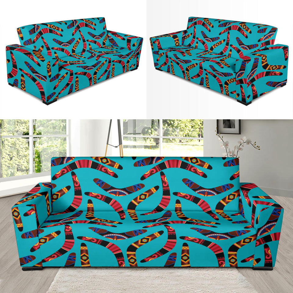 Boomerang Australian Aboriginal Ornament Blue Background Sofa Slipcover