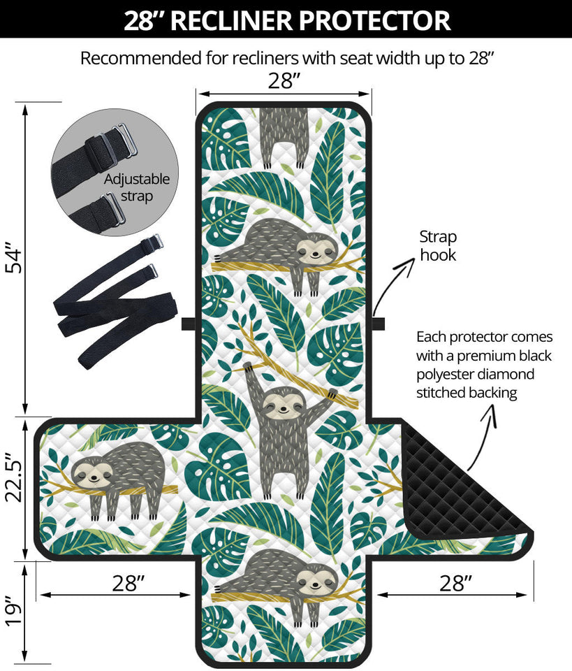Cute sloths tropical palm leaves white background Recliner Cover Protector