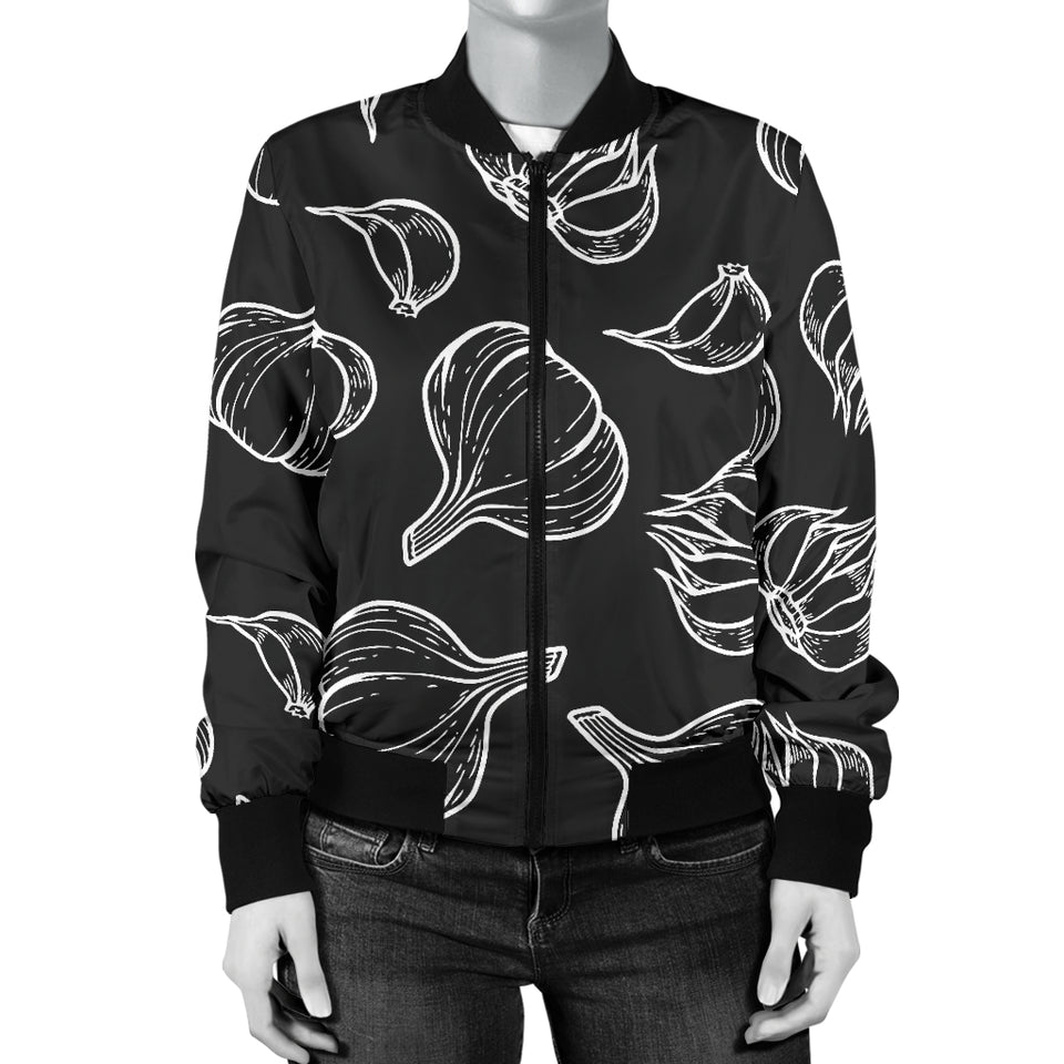Garlic Pattern Black Background Women'S Bomber Jacket