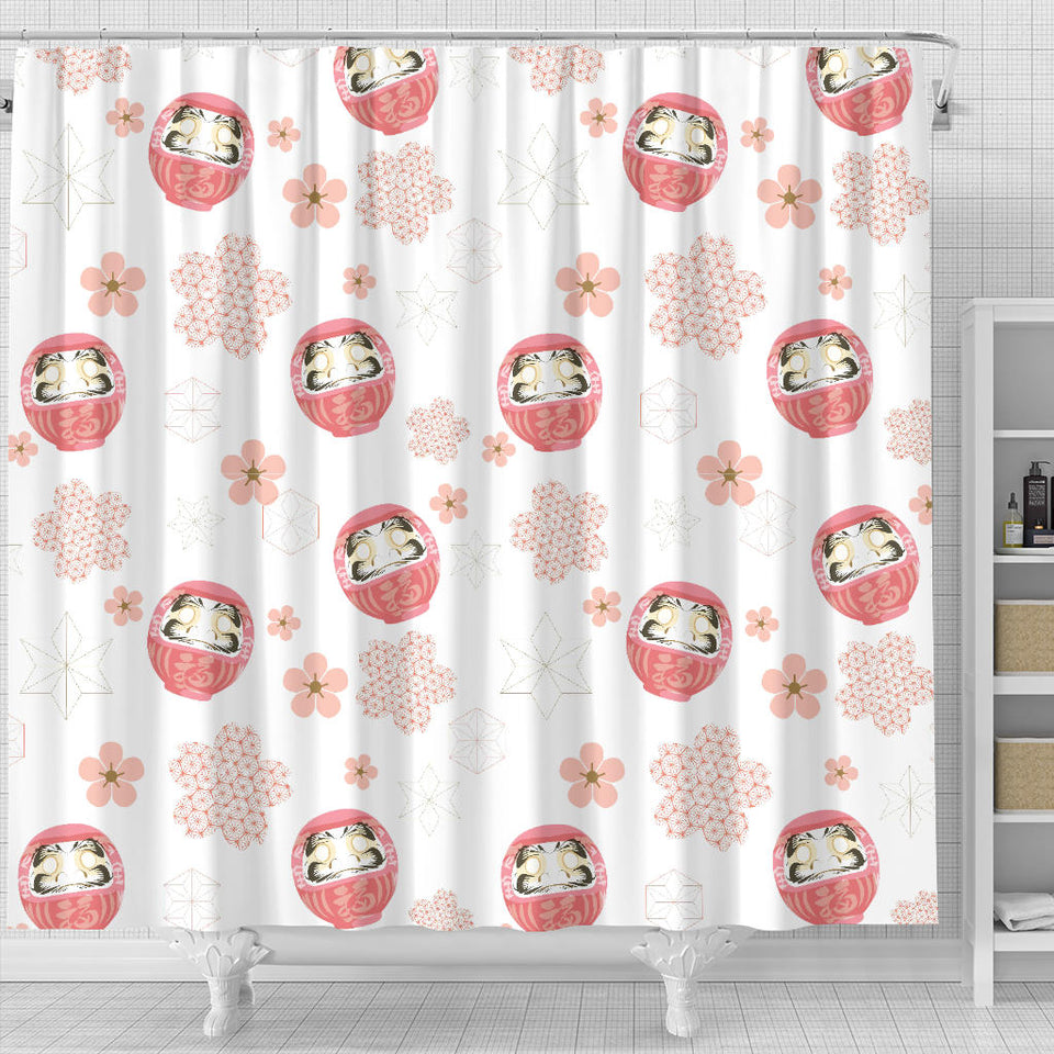 Daruma Japanese Wooden Doll Cherry Blossom Flower Pattern Shower Curtain Fulfilled In US