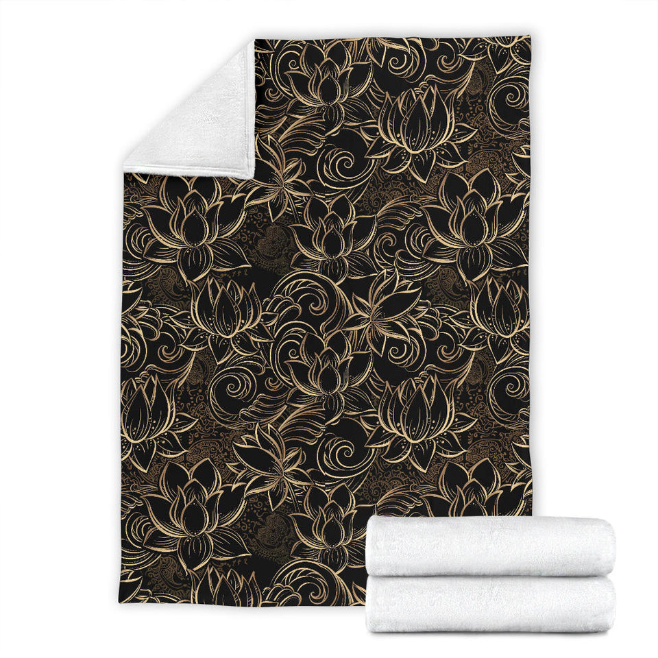 Luxurious Gold Lotus Waterlily Black Background Premium Blanket