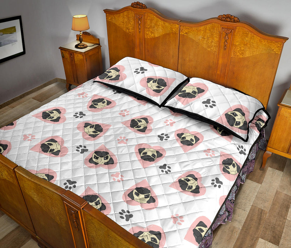 Cute pugs pink heart paw pattern Quilt Bed Set