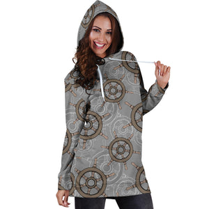 Nautical Wood Steering Wheel Pattern Women'S Hoodie Dress