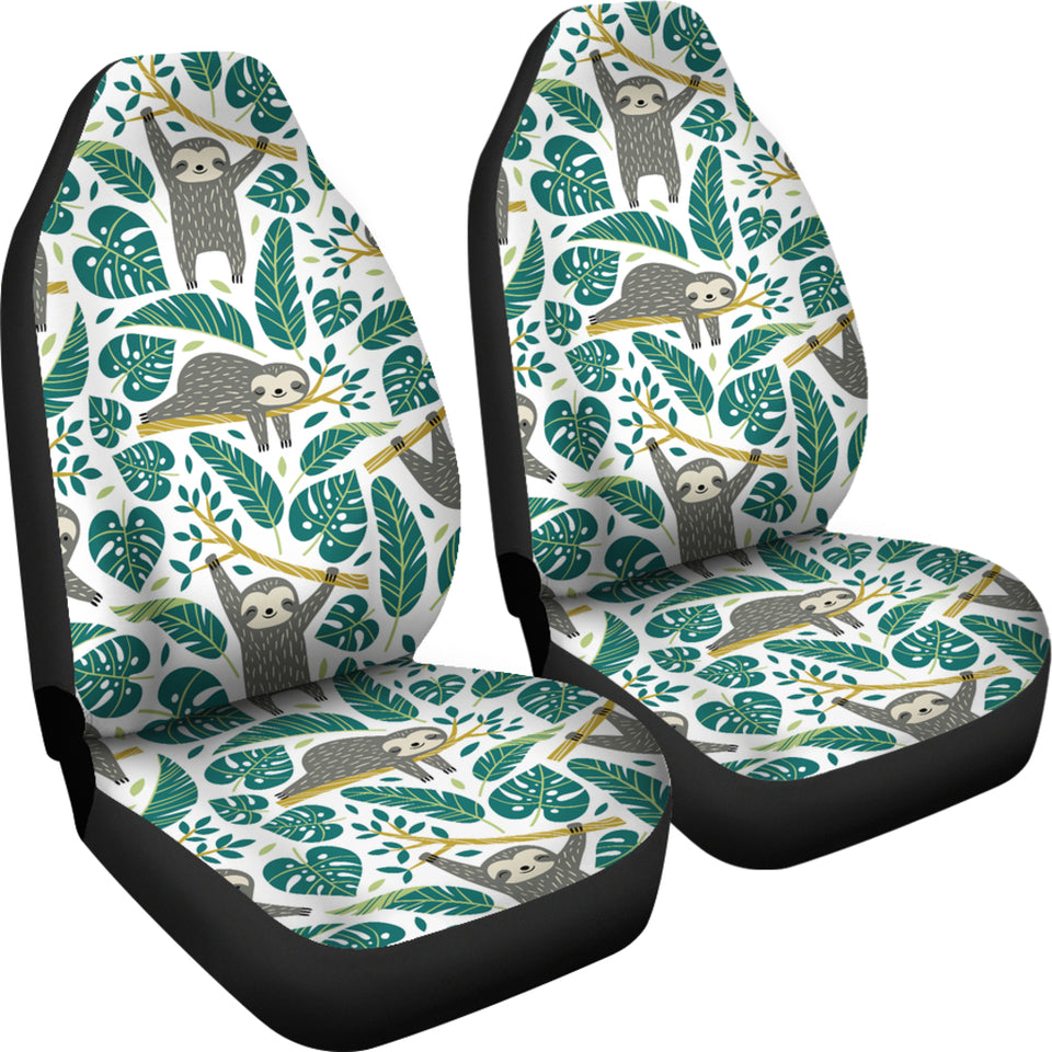 Cute Sloths Tropical Palm Leaves White Background  Universal Fit Car Seat Covers