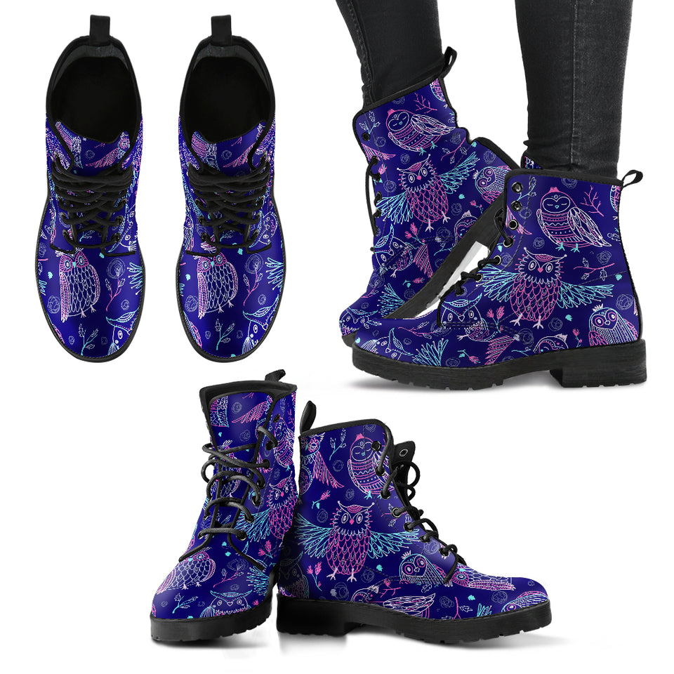 Cute Owls Pattern Boho Style Ornament Leather Boots