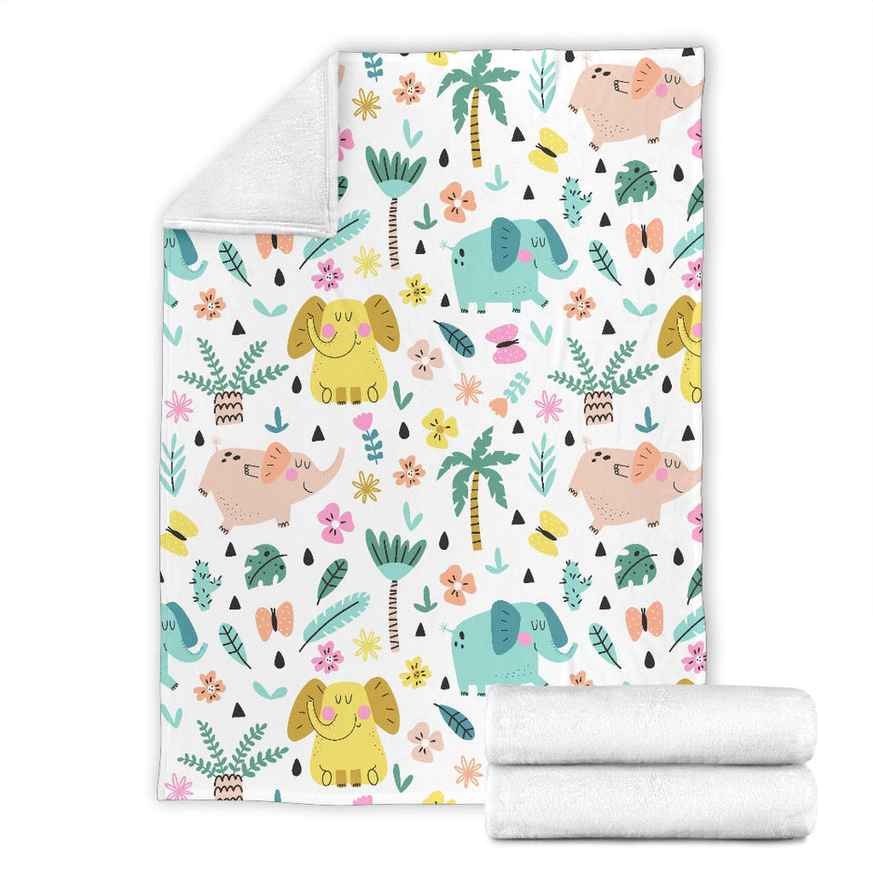 Cute Elephants Palm Tree Flower Butterfly Pattern Premium Blanket