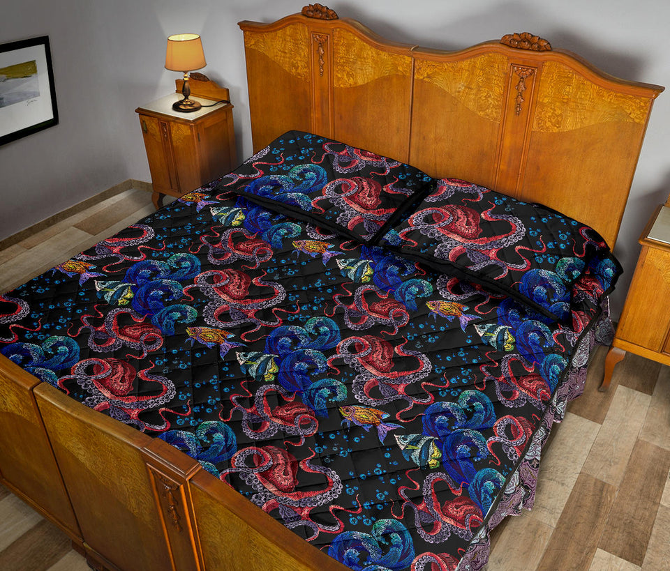 Octopus sea wave tropical fishe pattern Quilt Bed Set