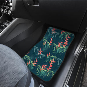 Heliconia Flowers, Palm And Monstera Leaves On Black Background Pattern Front Car Mats