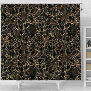 Luxurious Gold Lotus Waterlily Black Background Shower Curtain Fulfilled In US
