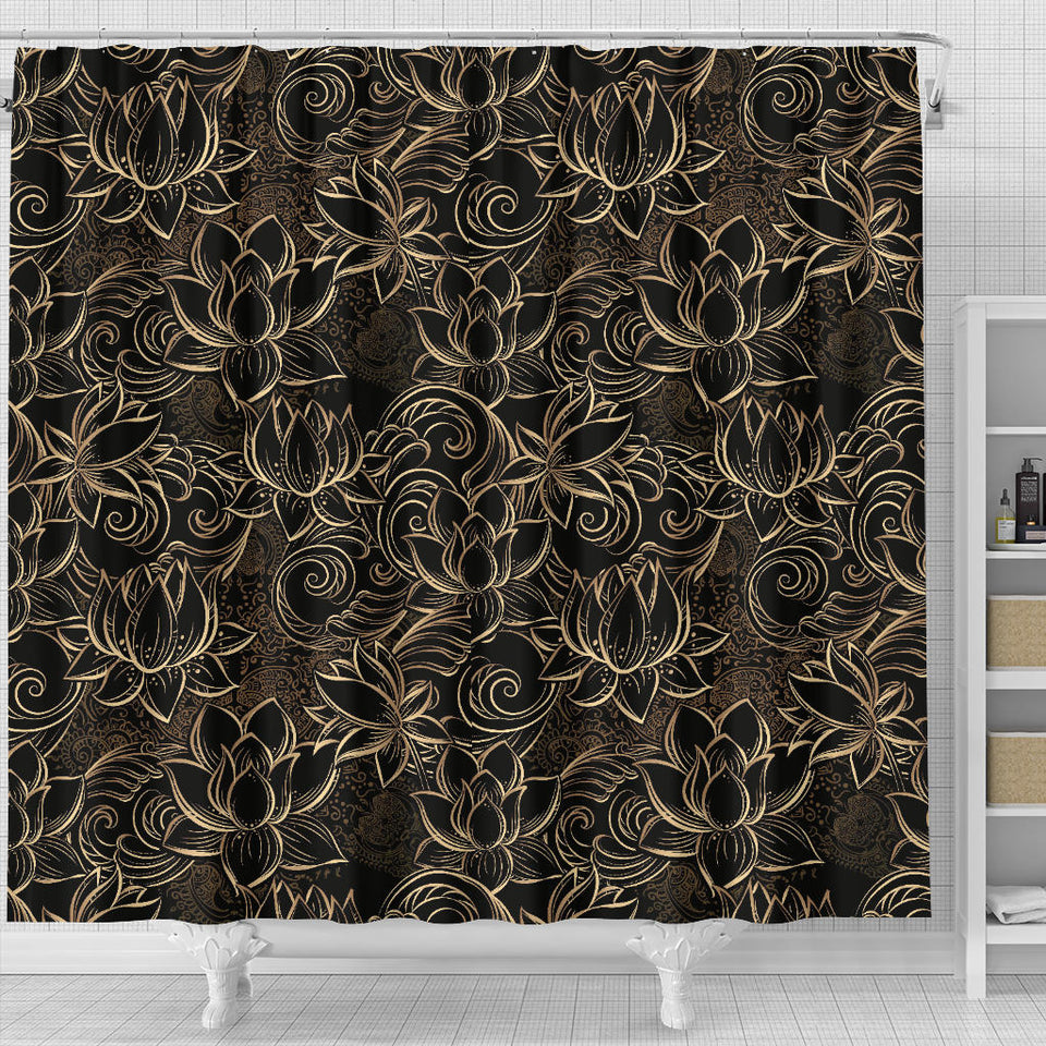 Luxurious Gold Lotus Waterlily Black Background Shower Curtain Fulfilled In US