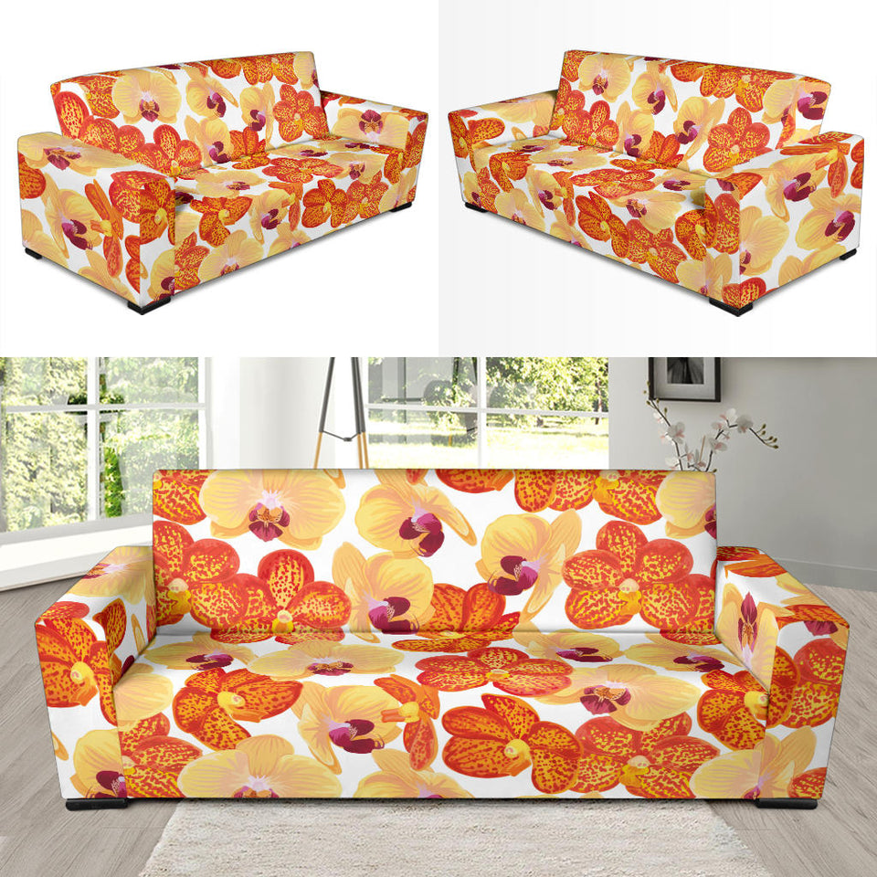 Orange Yellow Orchid Flower Pattern Background Sofa Slipcover