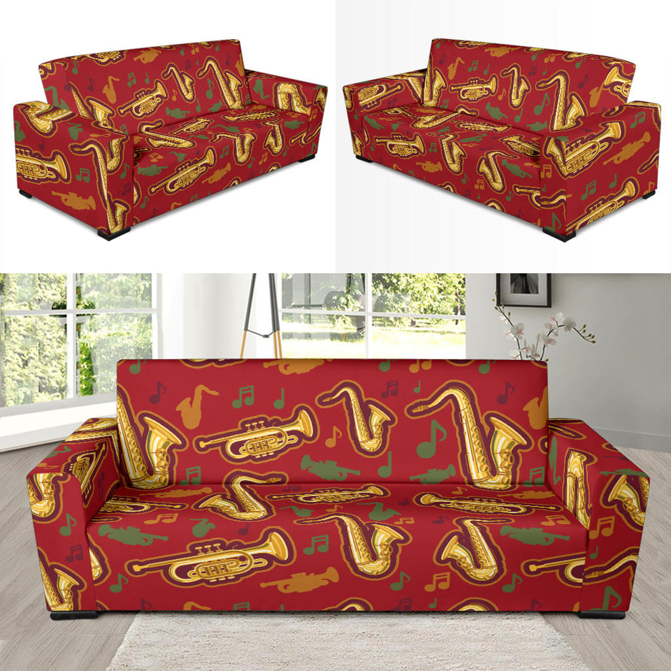 Saxophone Cornet Pattern Red Background Sofa Slipcover