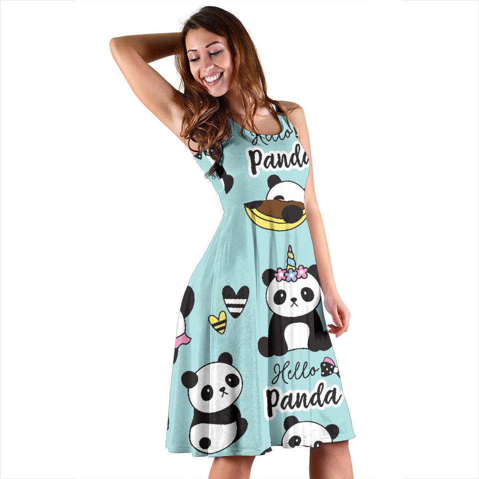 Cute Baby Panda Pattern Sleeveless Midi Dress
