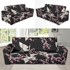 Japanese Crane Pink Sakura Pattern Sofa Slipcover