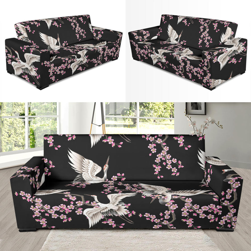 Japanese Crane Pink Sakura Pattern Sofa Slipcover