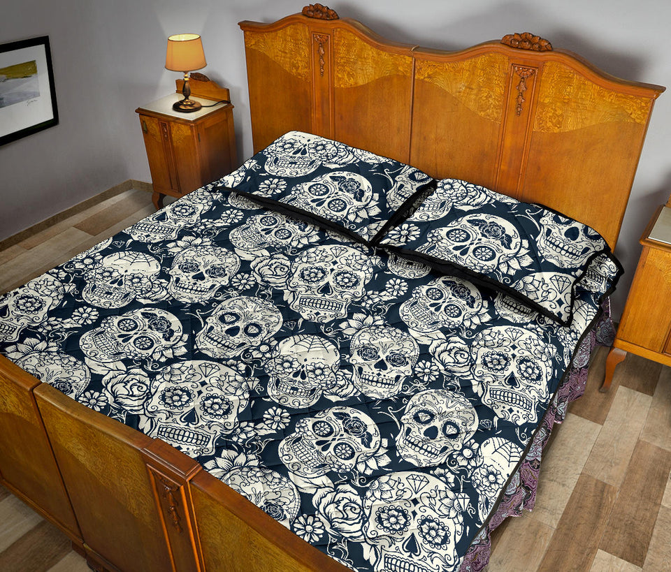 Sugar skull black white pattern Quilt Bed Set