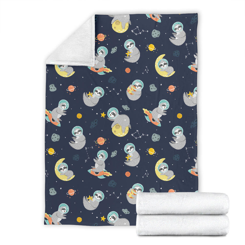 Cute Sloth Astronaut Star Planet Rocket Pattern Premium Blanket