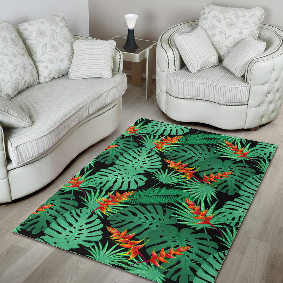 Heliconia Flower Palm Monstera Leaves Black Background Area Rug