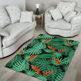 Heliconia Flower Palm Monstera Leaves Black Background Area Rug