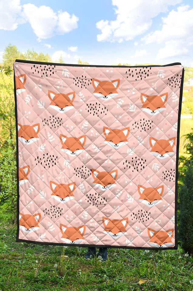 Cute Fox Pattern Pink Background Premium Quilt