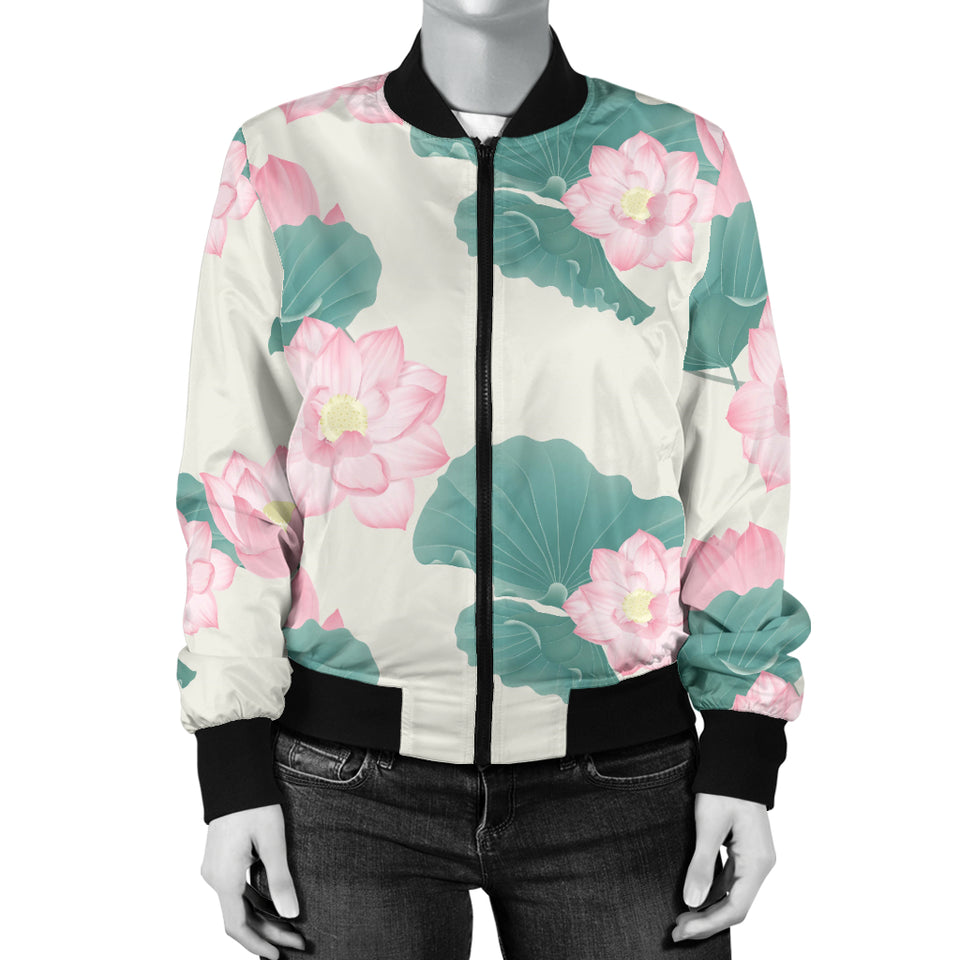 Pink Lotus Waterlily Leaves Pattern Women'S Bomber Jacket