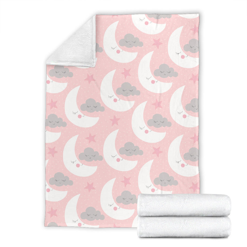 Cute Moon Cloud Star Pattern Pink Dot Background Premium Blanket