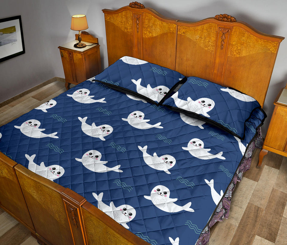 Cute white baby sea lion seal pattern Quilt Bed Set