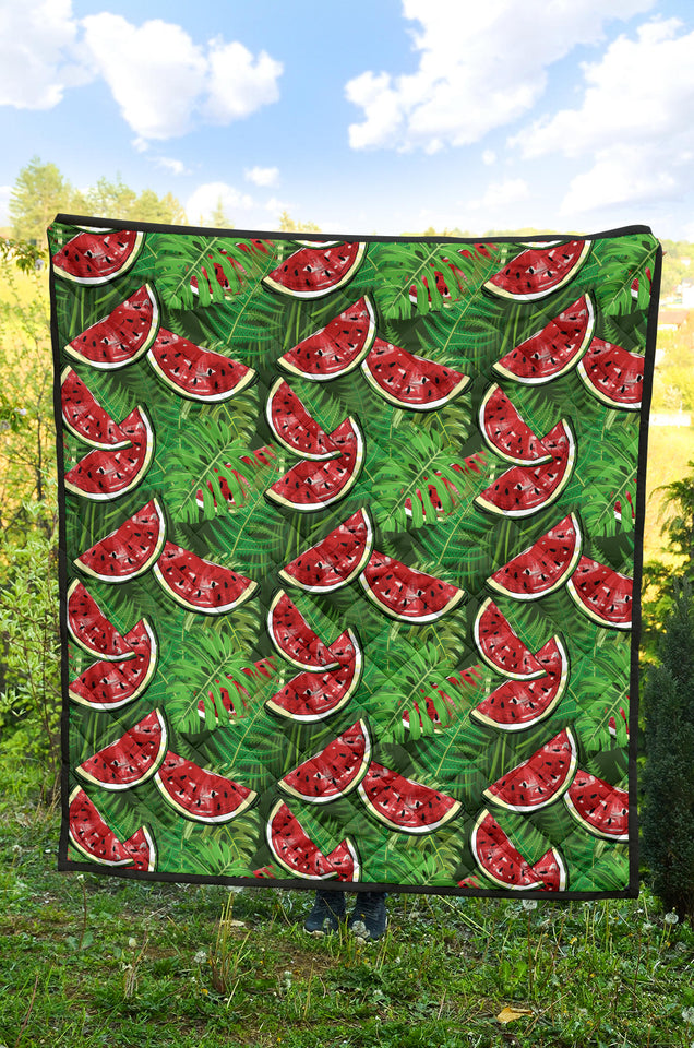 Watermelons Tropical Palm Leaves Pattern Background Premium Quilt