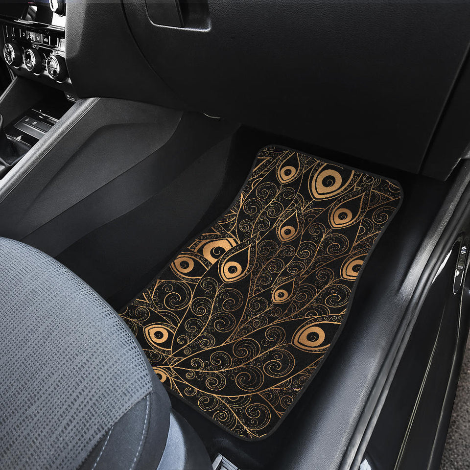 Gold Peacock Feather Pattern Front And Back Car Mats