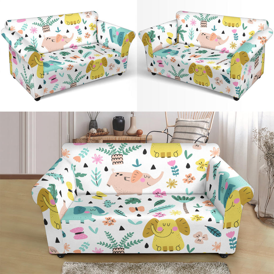 Cute Elephants Palm Tree Flower Butterfly Pattern Loveseat Couch Slipcover