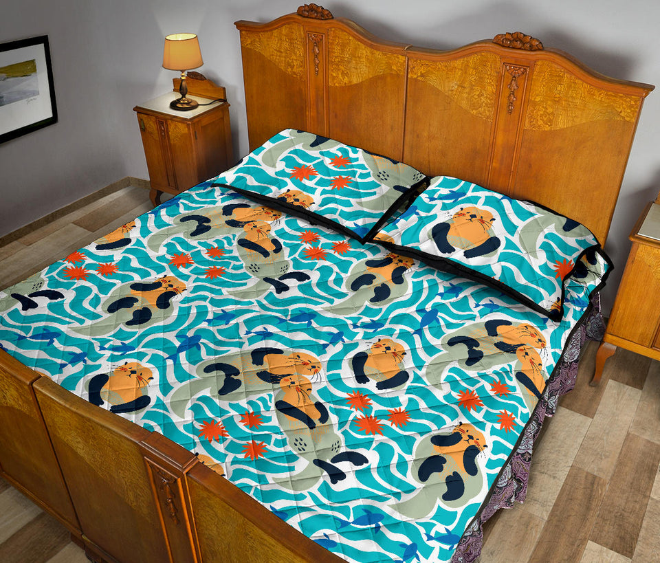 Cute sea otters fishe sea urchin pattern Quilt Bed Set