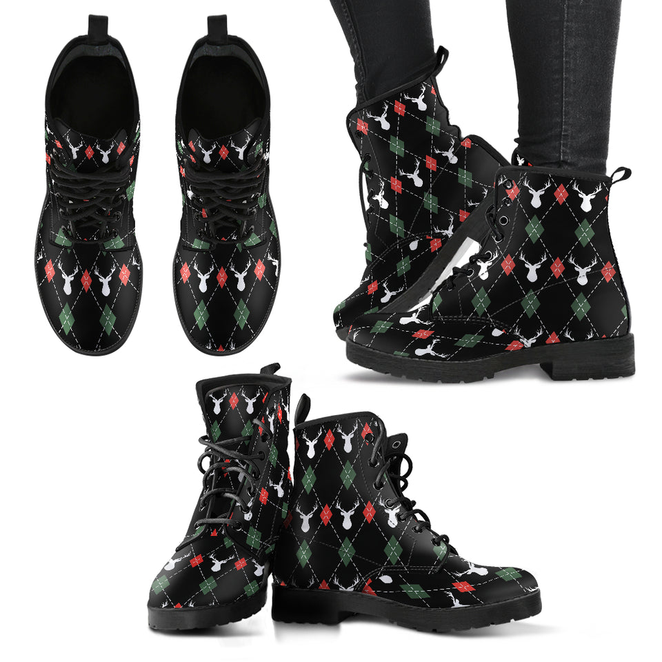 Deer Christmas New Year Pattern Argyle Leather Boots