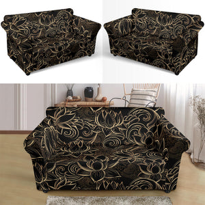 Luxurious Gold Lotus Waterlily Black Background Loveseat Couch Slipcover