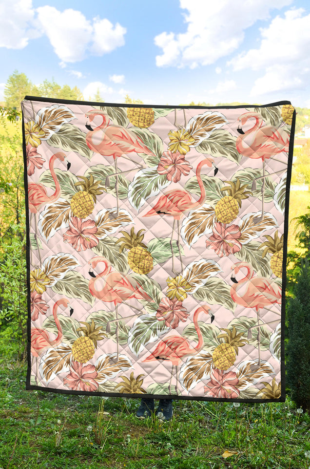 Pink Flamingo Birds Pineapples Hibiscus Flower Pattern Premium Quilt