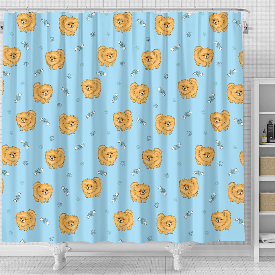 Brown Cute Pomeranian Blue Blackground Shower Curtain Fulfilled In US