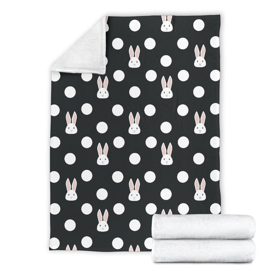 Cute White Rabbit Polka Dots Black Background Premium Blanket
