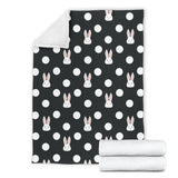 Cute White Rabbit Polka Dots Black Background Premium Blanket