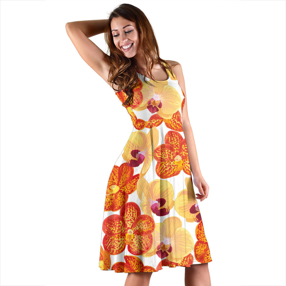 Orange Yellow Orchid Flower Pattern Background Sleeveless Midi Dress