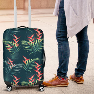 Heliconia Flowers, Palm And Monstera Leaves On Black Background Pattern Luggage Covers