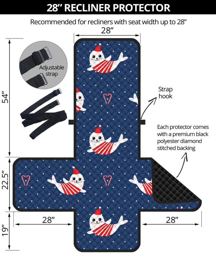 Cute sea lion seal christmas hat candy cane heart pattern Recliner Cover Protector