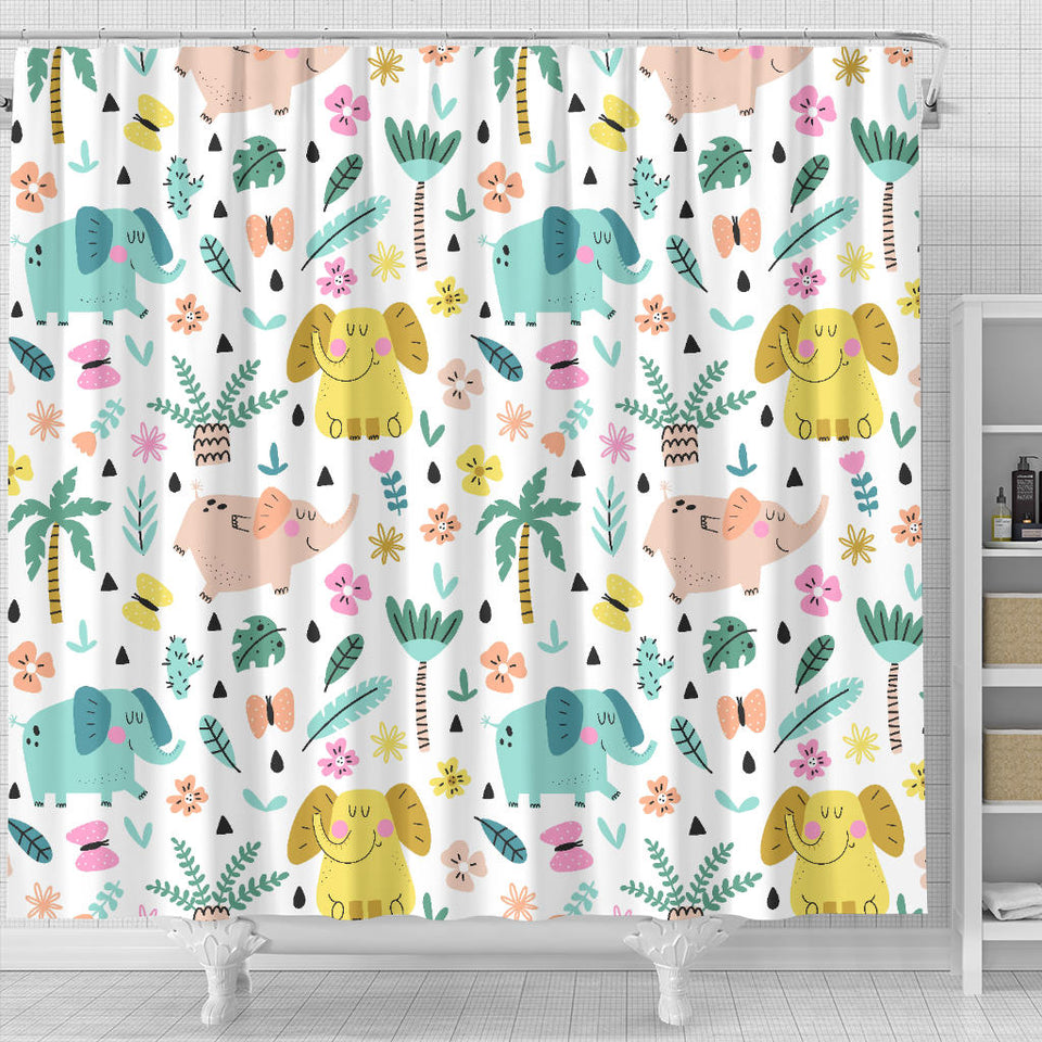 Cute Elephants Palm Tree Flower Butterfly Pattern Shower Curtain Fulfilled In US