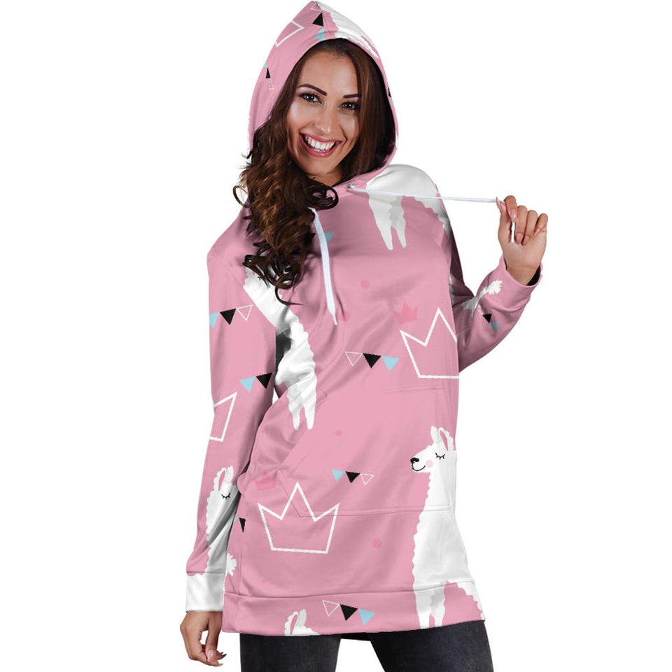 Llama Alpaca Pink Background Women'S Hoodie Dress